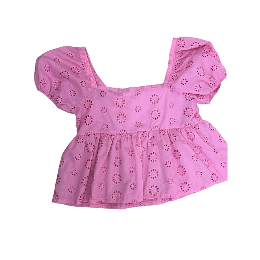 Altar’d State Pink Eyelet Crop Top Medium Puff Sleeve Cottagecore - Picture 2 of 8